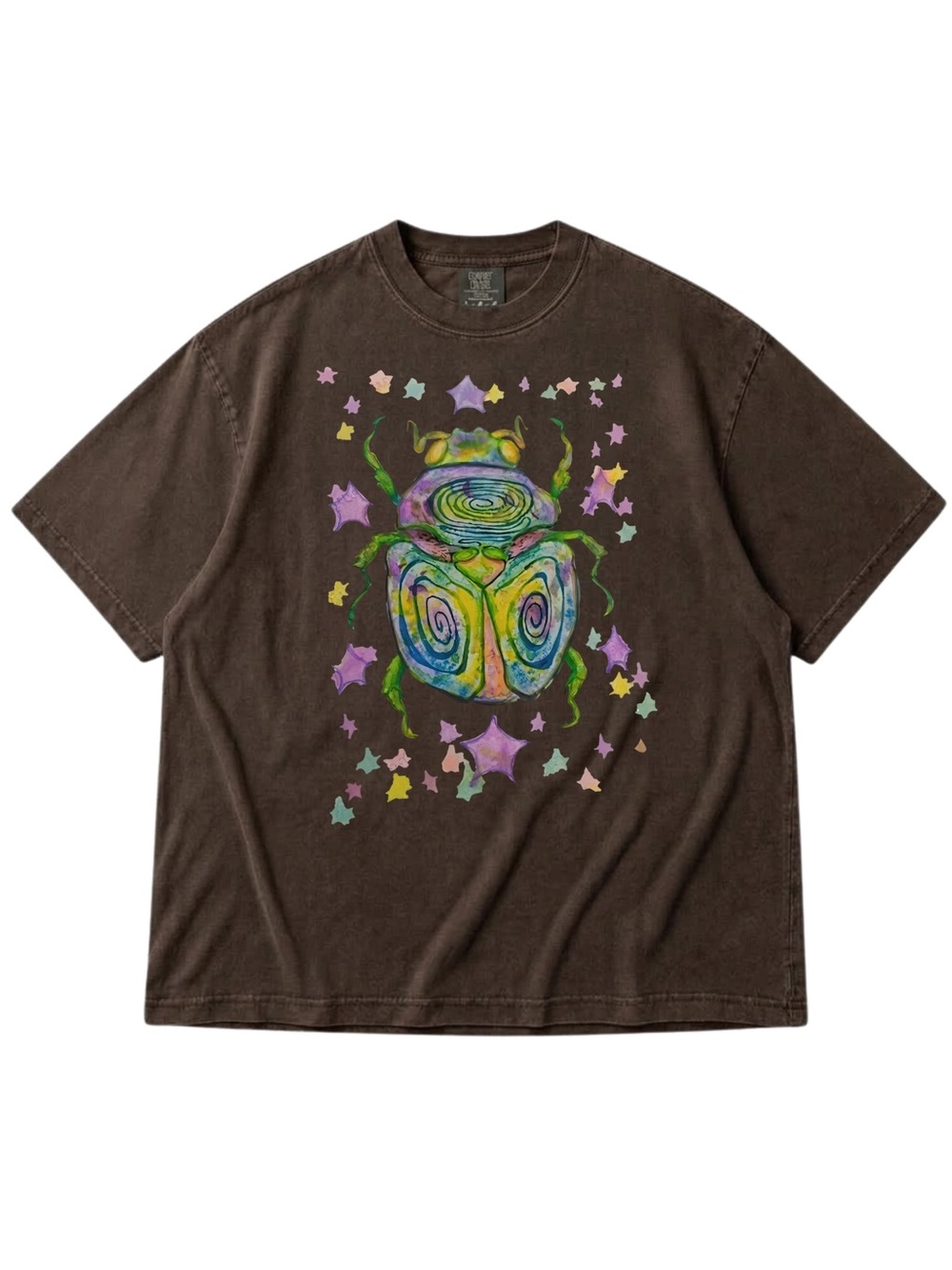 Comfort Colors Espresso Graphic Beetle Tee with Colorful Star Accents